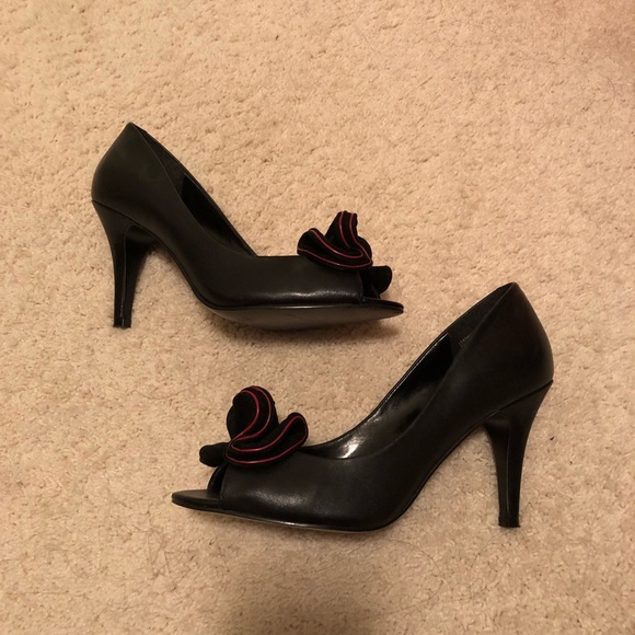 NWOT Peep Open Toe Black Leather Stiletto Heels - Picture 4 of 6